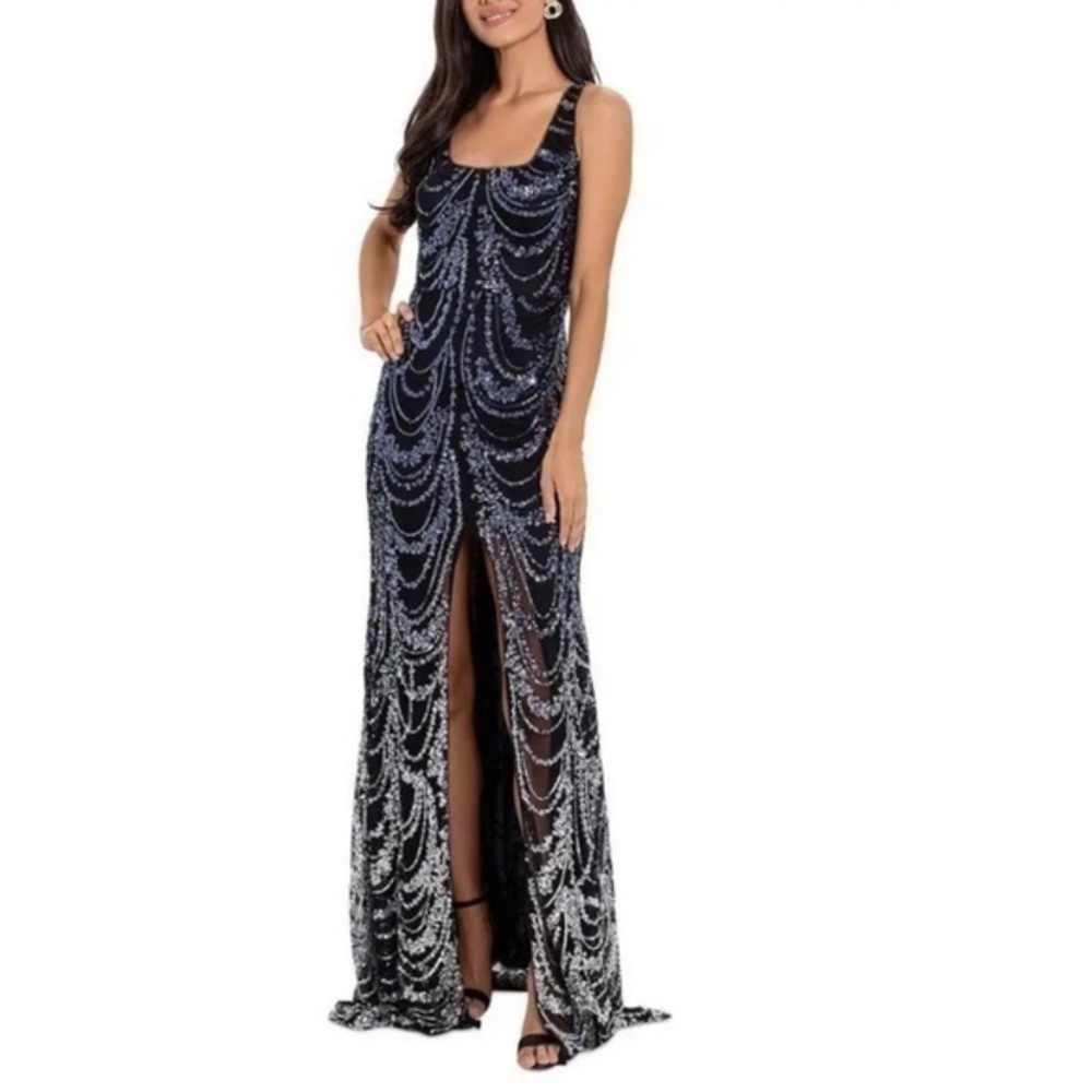Betsy & Adam Sequined Square Neck Sleeveless Split Hem Gown in Navy/Silver - Picture 1 of 7